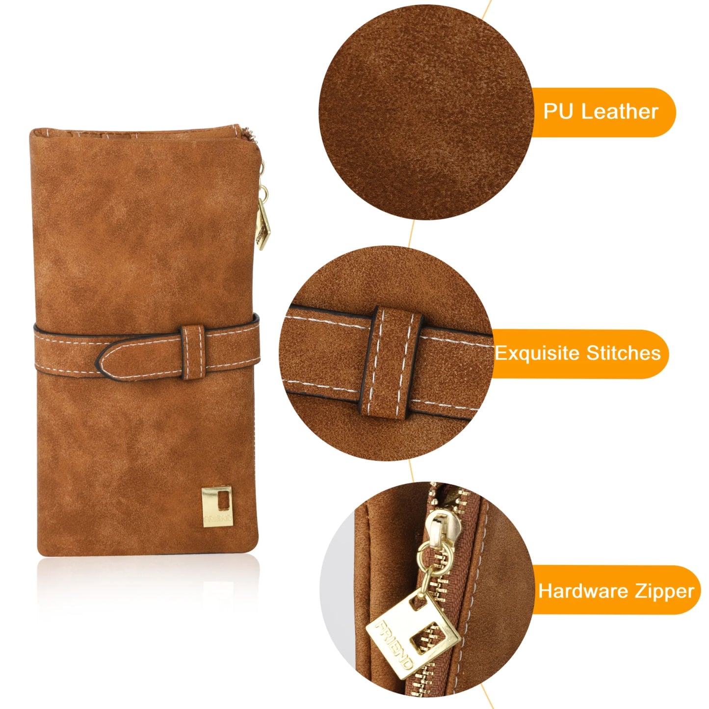 Vegan PU Leather Wallet, Long Wallet with Multi-Cards for Women, Slim Bifold Purse, Card Holder with Snap, Brown