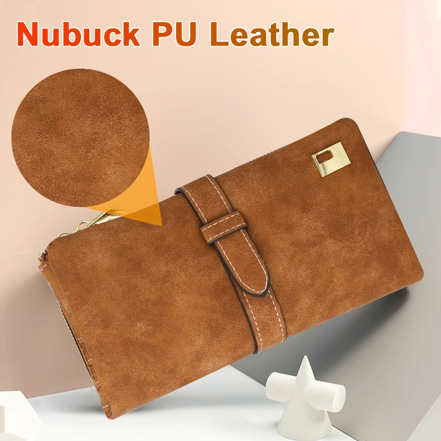 Vegan PU Leather Wallet, Long Wallet with Multi-Cards for Women, Slim Bifold Purse, Card Holder with Snap, Brown
